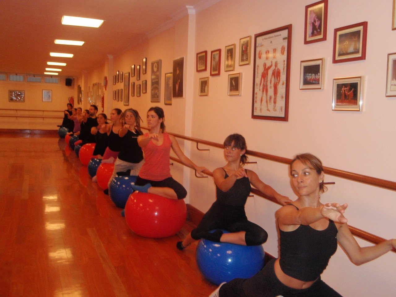 Foto de un gran número de bailarines sobre una pelota de fitball haciendo clase en el Centro de Danza Sandra Santa Cruz