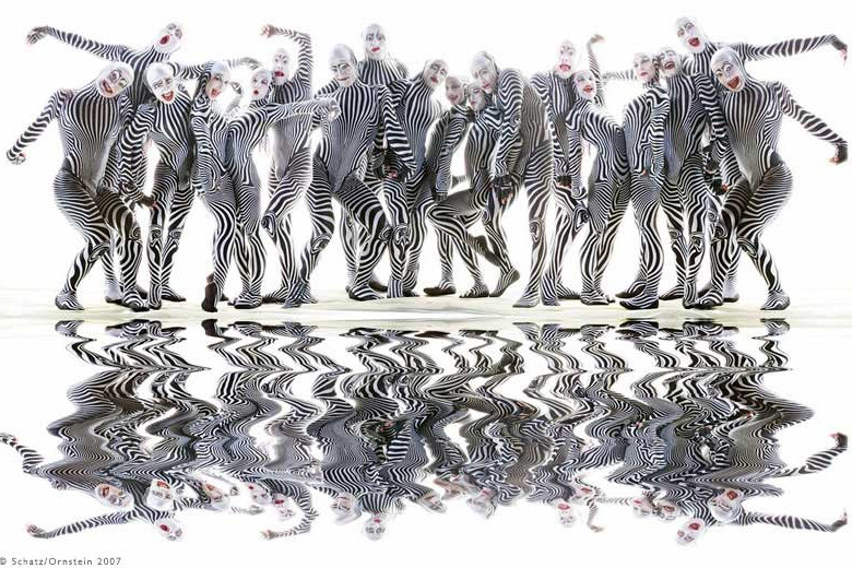 Foto de un grupo de artistas del Circo del Sol con mallasde cebra
