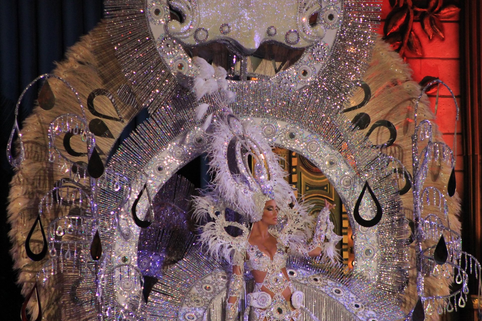 Foto de uan de lascandidatas a Reina del Carnval de Las Palams 2013 con un precioso vestido blanco de pedrería plateado y pluma blanca.