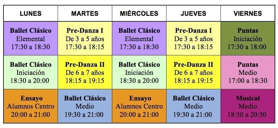 Horarios del Centro de Danza Sandra Santa Cruz para el mes de Julio 2013