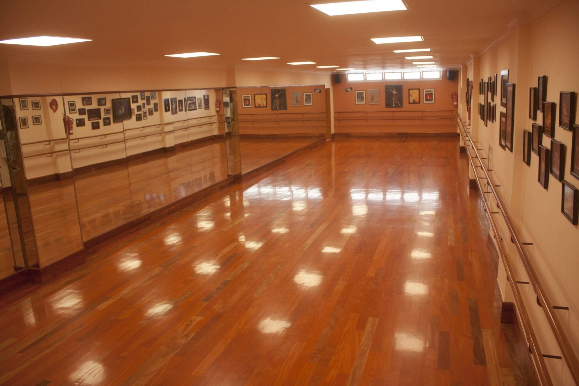 Foto de la Sala de baile del Centro de Danza Sandra Santa Cruz. Con una sala de baile de 110 m2 y totalmente acondicionada para la danza. Sala diáfana con piso de madera de bitacola, espejos de primera calidad en los que se aprecia las fotografías colgadas en sus paredes, barras de madera que aportan la mayor calidez al tacto, luminaria con efecto día que evita dolores de cabeza.