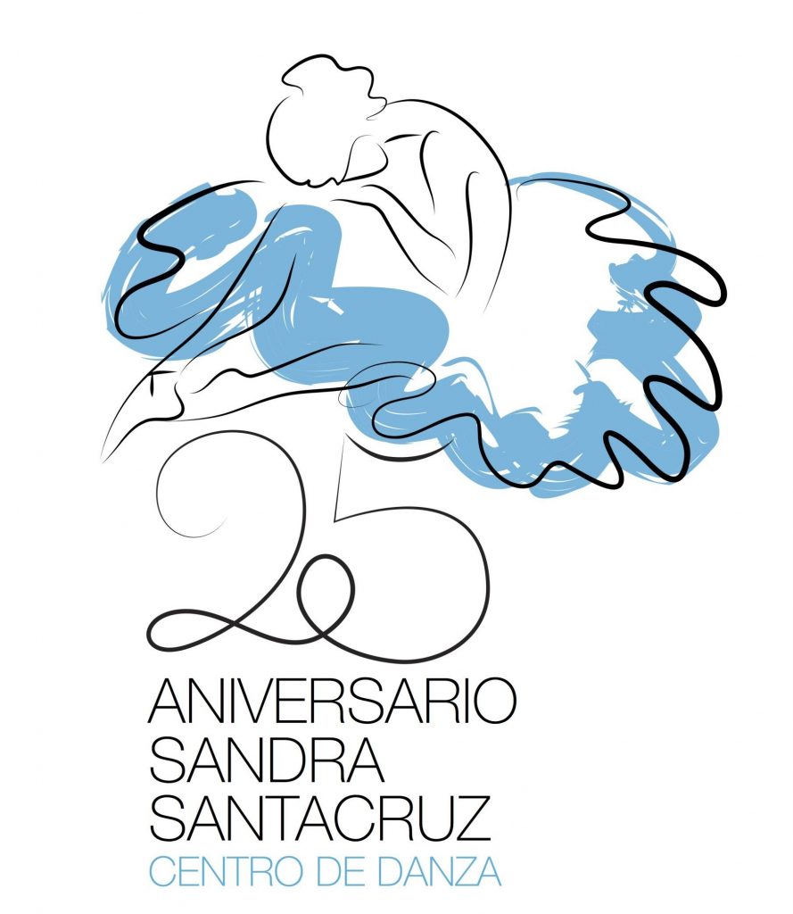 Brand del 25 Aniversario Centro de Danza Sandra Santa Cruz donde se ve un dibujo de una bailarina con un tutú azul sentada sobre un enorme 25 y debajo pone ANIVERSARIO SANDRA SANTA CRUZ