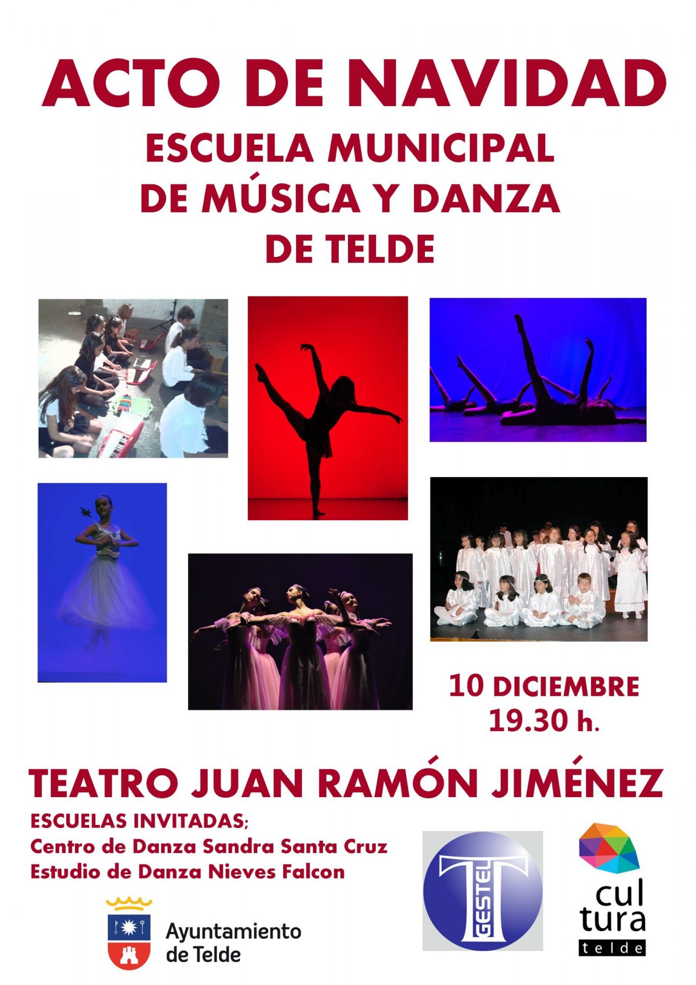 Cartel de encuento de escuelas de Danza por Navidad con 6 fotos de bailaines de distintas escuelas