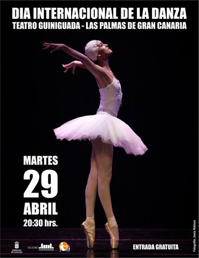 Cartel del Día Internacional de la Danza 2014 de una baialrina baialndo "La muerte del cisne"