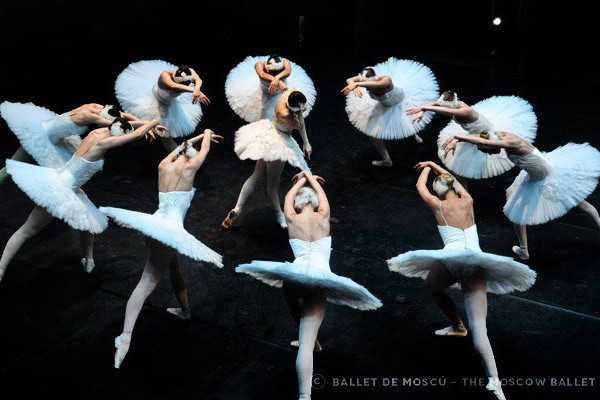 Foto de un grupo de bailarinas haciendo un círculo para esconder a Odette, la enamorada del principe Sigfrido, en el ballet de 