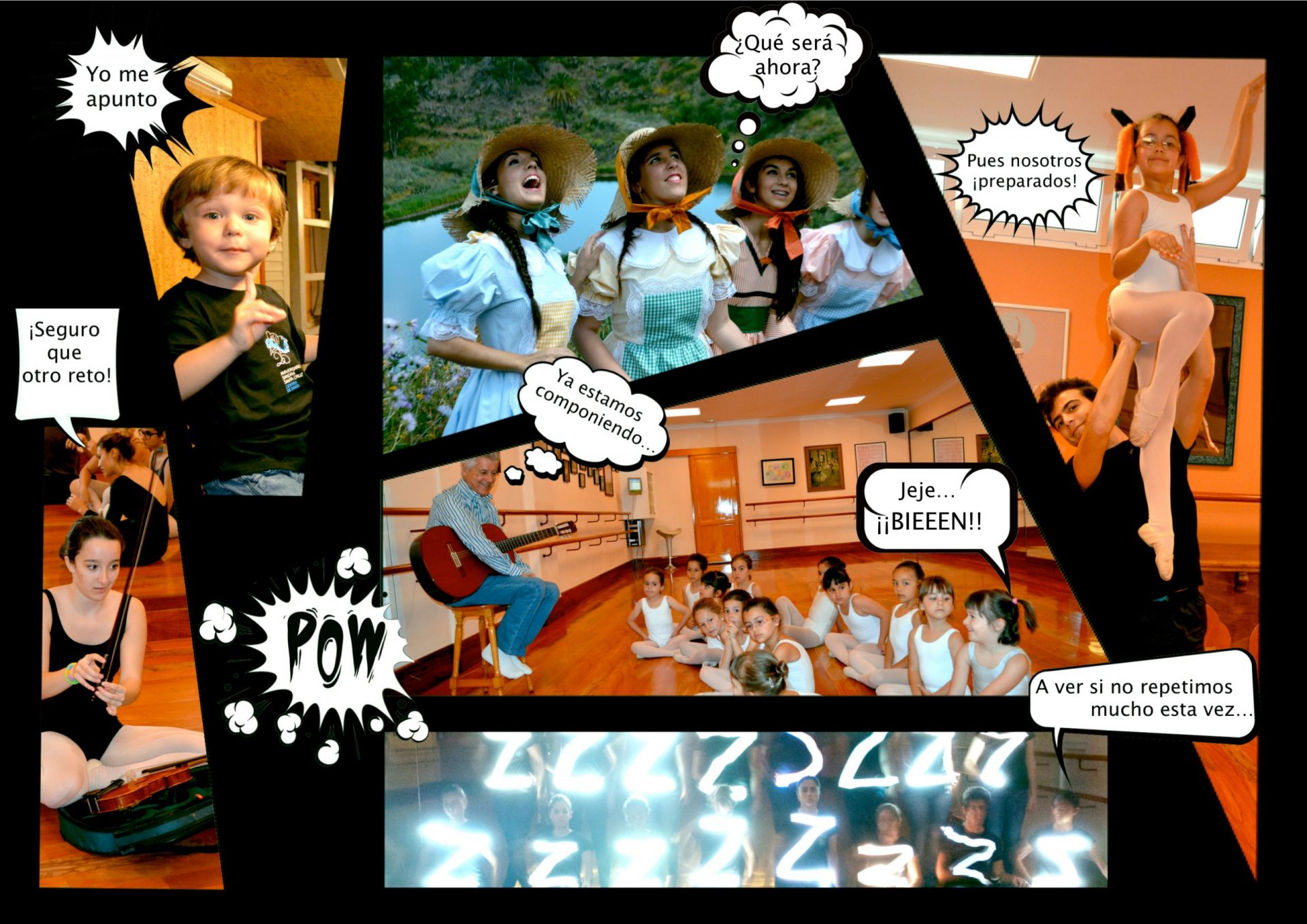 Foto de un comic del Centro de Danza Sandra Santa Cruz donde se ve su brain storming para su próximo espectáculo. Con diferentes viñetas con alumnos preguntándose cuál será su próximo espectáculo.