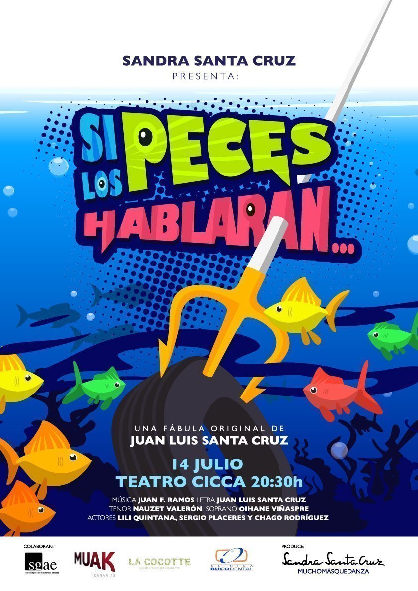 CARTEL del musical "Si los peces hablaran..." donde se ve una rueda pinchada por un tridente y unos peces de colores que miran sorprendidos la contaminación que hay a su alrededor. Espectáculo creado por el Centro de Danza Sandra Santa Cruz para concienciar sobre contaminación marina.