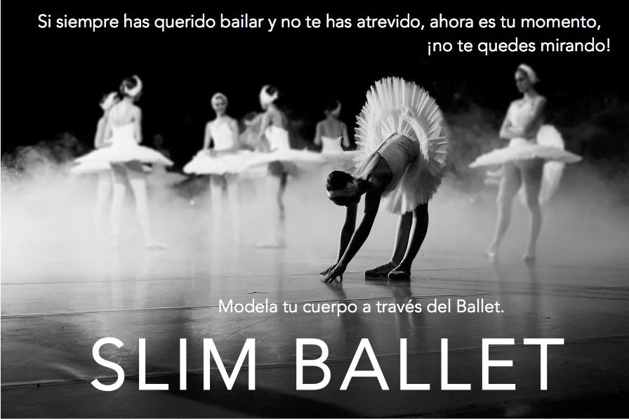 Slim Ballet Foto de un grupo de bailarinas en un escenario con tutús de plato para anunciar las clases de Slim Ballet del Centro de Danza Sandra Santa Cruz