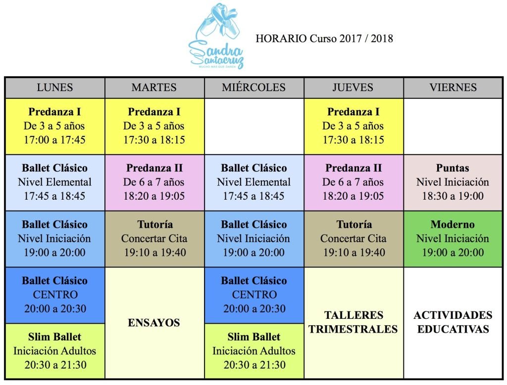 Horario curso 2017/2018 del Centro de Danza Sandra Santa Cruz Horario curso 2017/2018 del Centro de Danza Sandra Santa Cruz