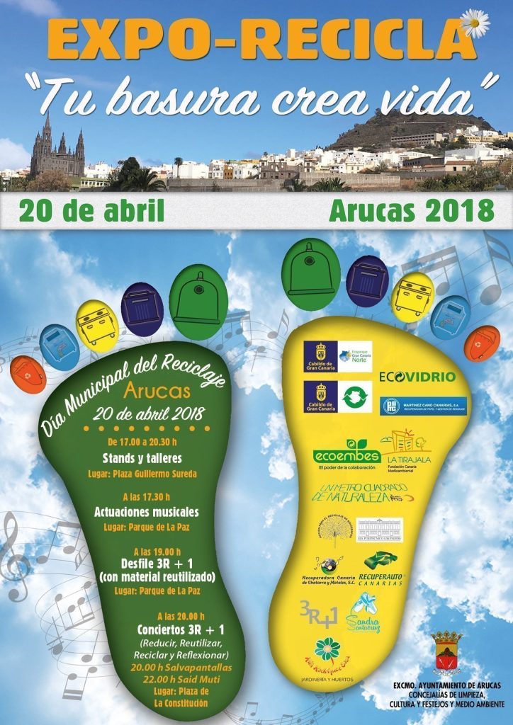 Cartel Expo-Recicla 2018 del Ayuntamineto de Arucas donde se va la programación escrita sobre la huella de los pies y los dedos son los contenedores de reciclaje.
