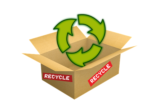 Caja de cartón con el símbolo de reciclaje saliendo de él para hablar de "3R+1" en Pro del Reciclaje, de Sandra Santa Cruz.