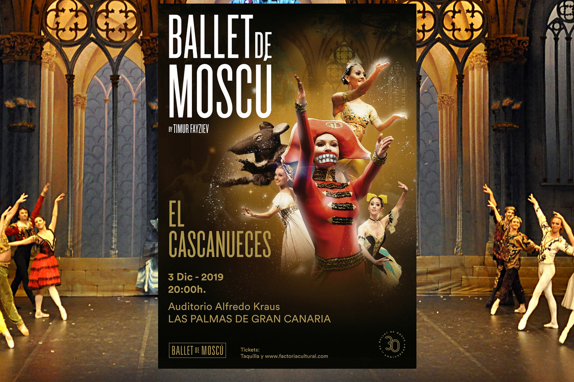 Foto del Ballet de Moscú con bailarines de fondo y el cartel de 