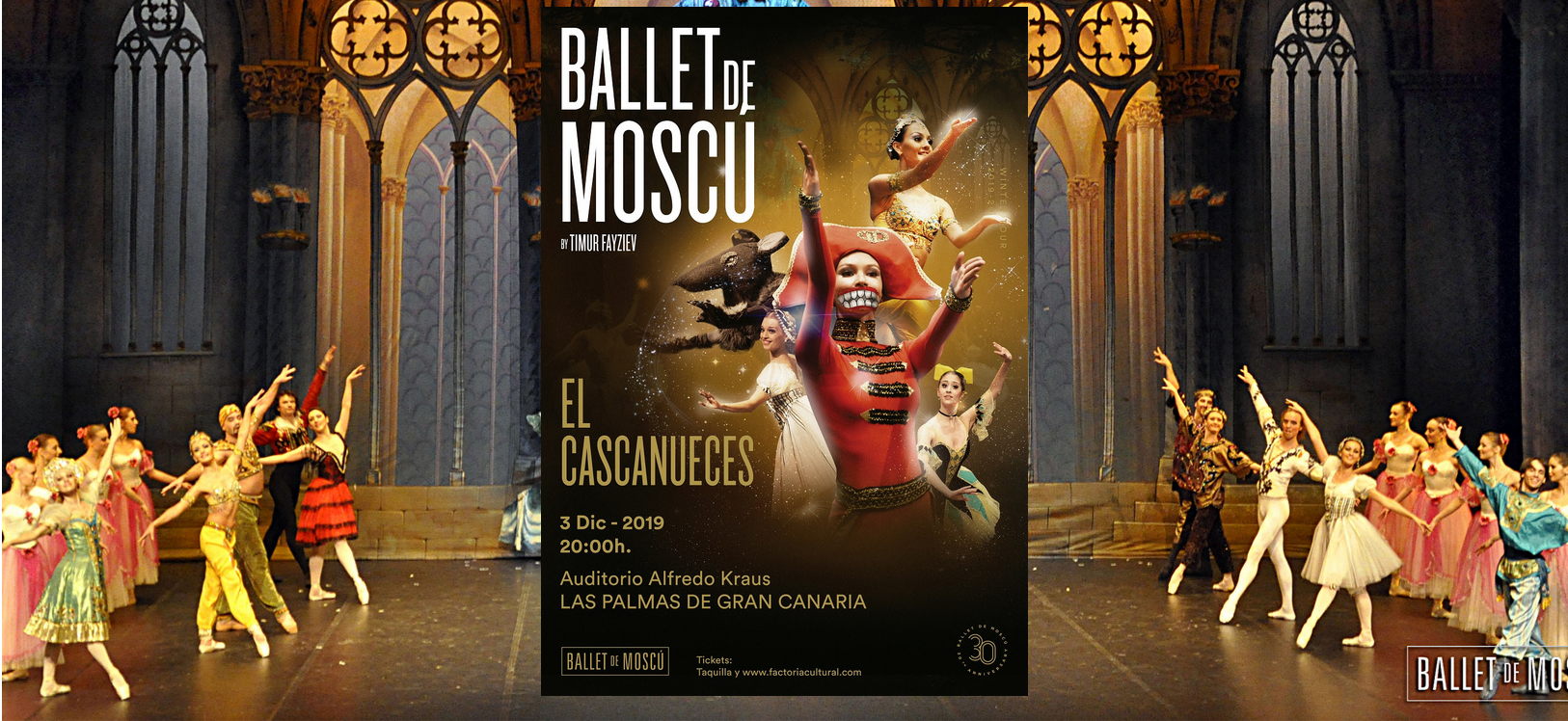 Foto del Ballet de Moscú con bailarines de fondo y el cartel de "El Cascanueces" en el centro.