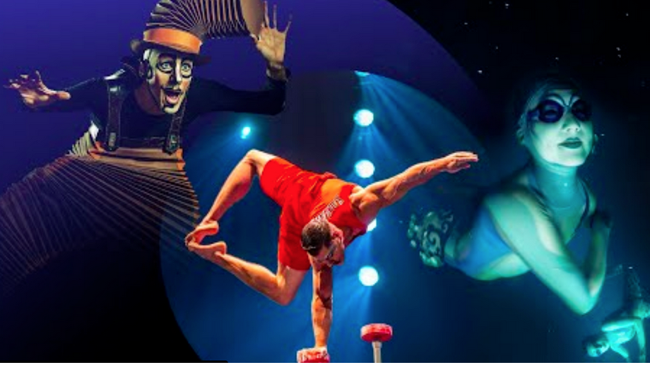 Foto de un equilibrista del Circo del Sol haciendo un equilibrio sobre una mano.
