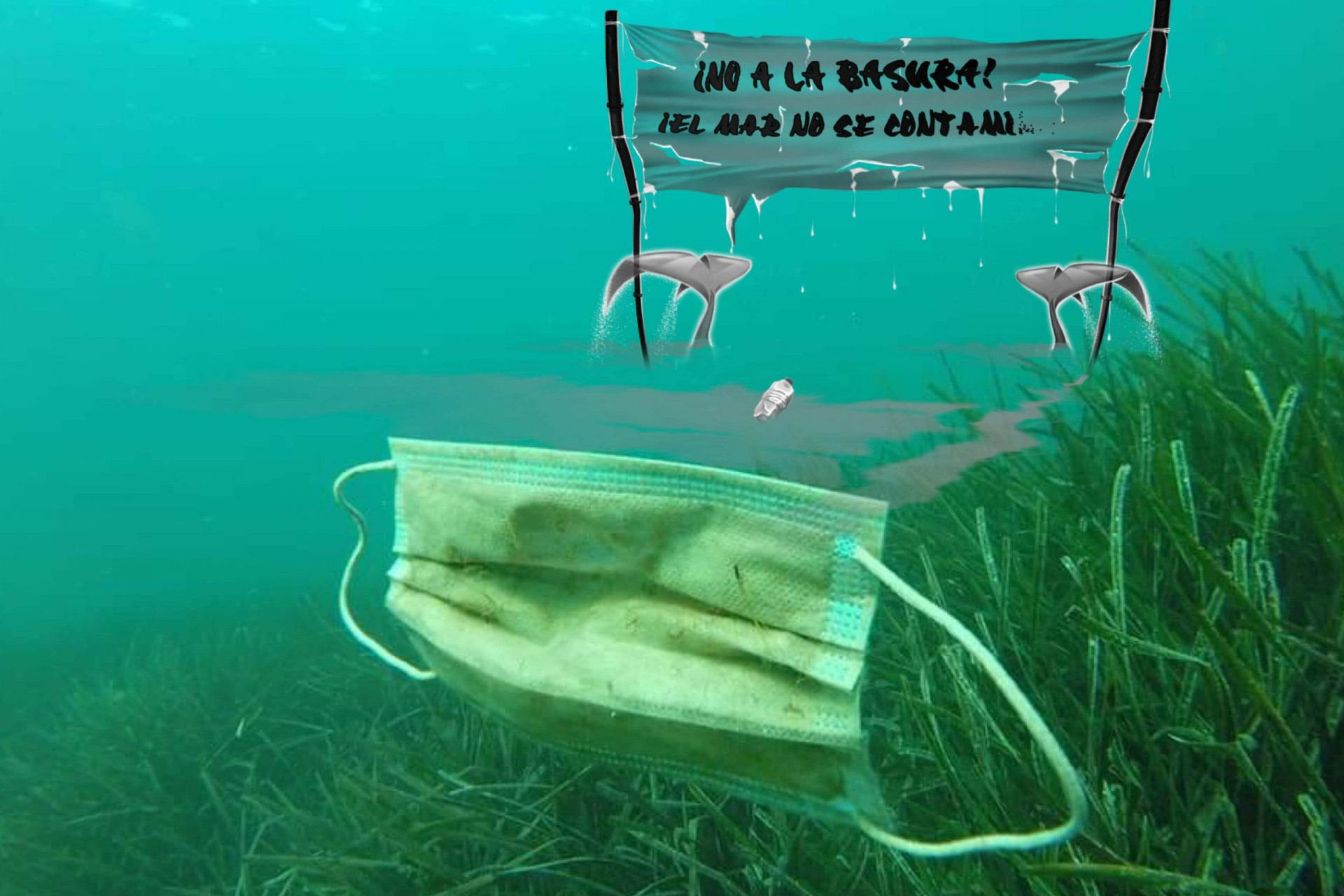 Foto de una mascarilla en el fondo del mar y la pancarta de Si los peces hablaran... ¡No a la basura el mar no se contamina!