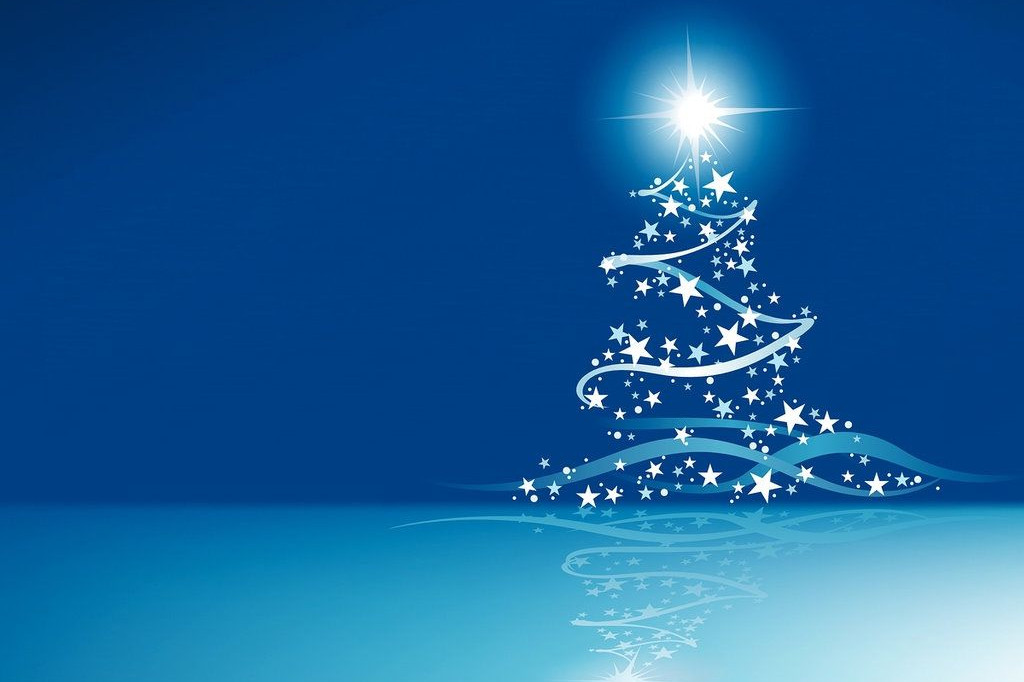 Ilustración de un árbol de navidad en blanco con la luz arriba encendida sobre un fondo azul