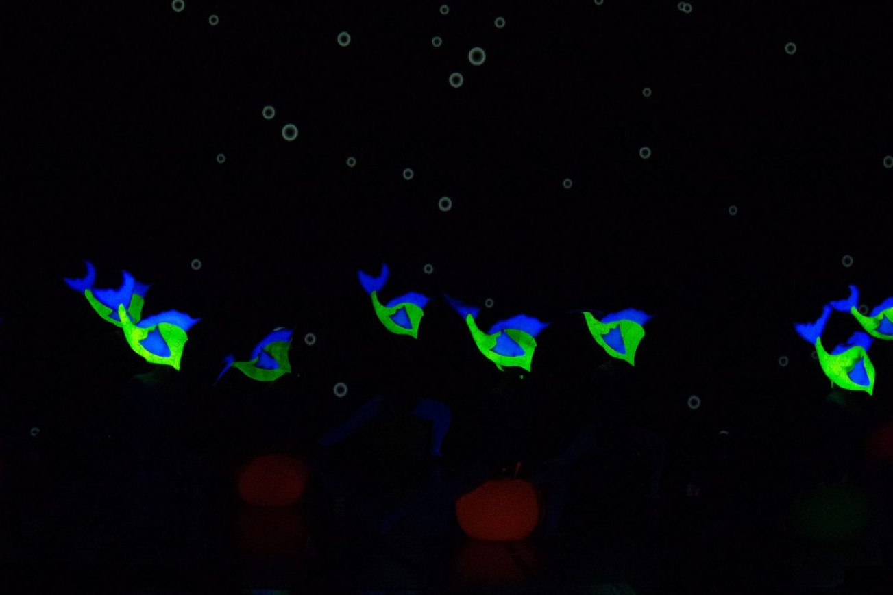 Foto del Centro de Danza Sandra Santa Cruz de unos peces verdes fluorescentes bailando en luz negra en el Musical 