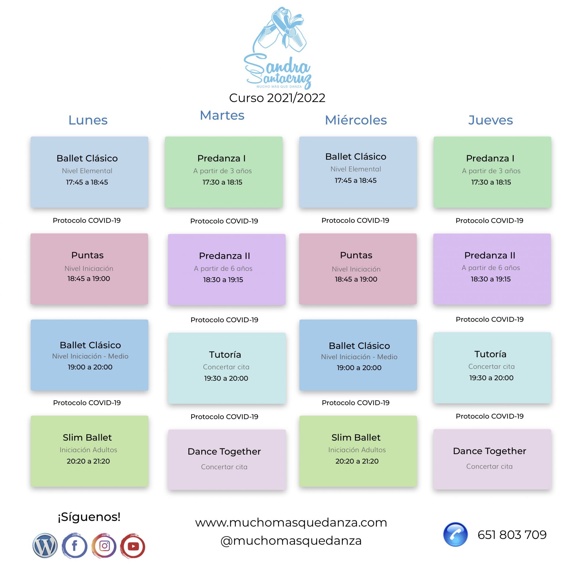 Horario de clases del centro de Danza Sandra Santa Cruz para el curso 2021/2022. En colores pasteles se diferencian sus disciplinas. en la parte de de abajo, se encuentran las redes sociales.
