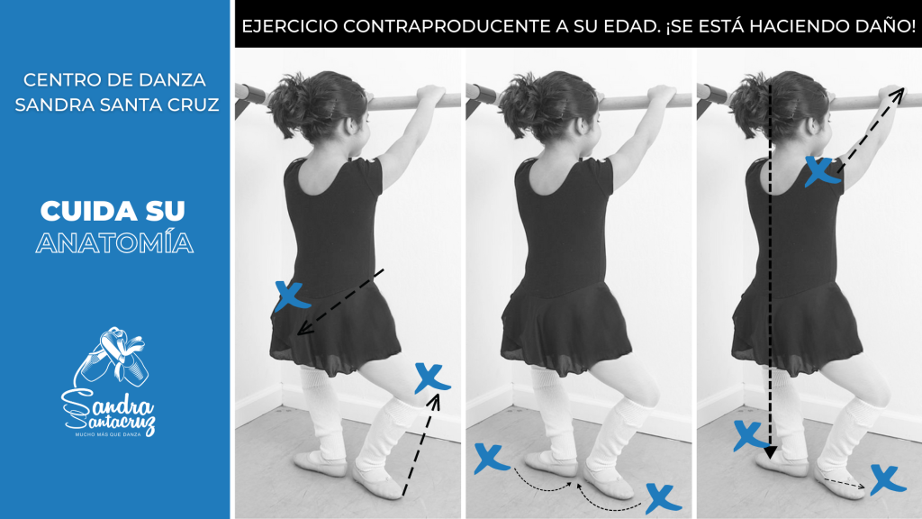 Centro de Danza Sandra Santa Cruz. Foto de una niña pequeña haciendo un plie en 1ª posición para pedir que Cuides su anatomía. ESTO ES CONTRAPRODUCENTE A SU EDAD